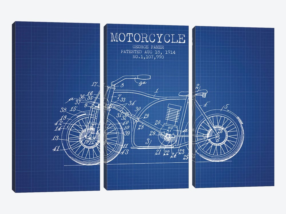 George Pamer Motorcycle Patent Sketch (Blue Grid) by Aged Pixel 3-piece Canvas Art Print