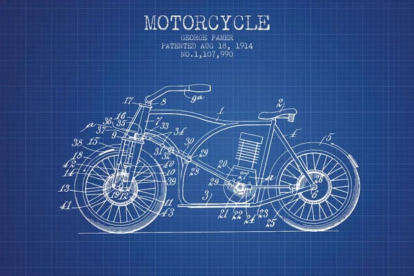 Motorcycle Blueprints: George Pamer Motorcycle Patent Sketch (Blue Grid) by Aged Pixel