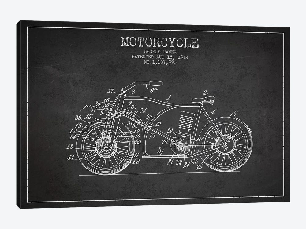 George Pamer Motorcycle Patent Sketch (Charcoal) by Aged Pixel 1-piece Canvas Wall Art