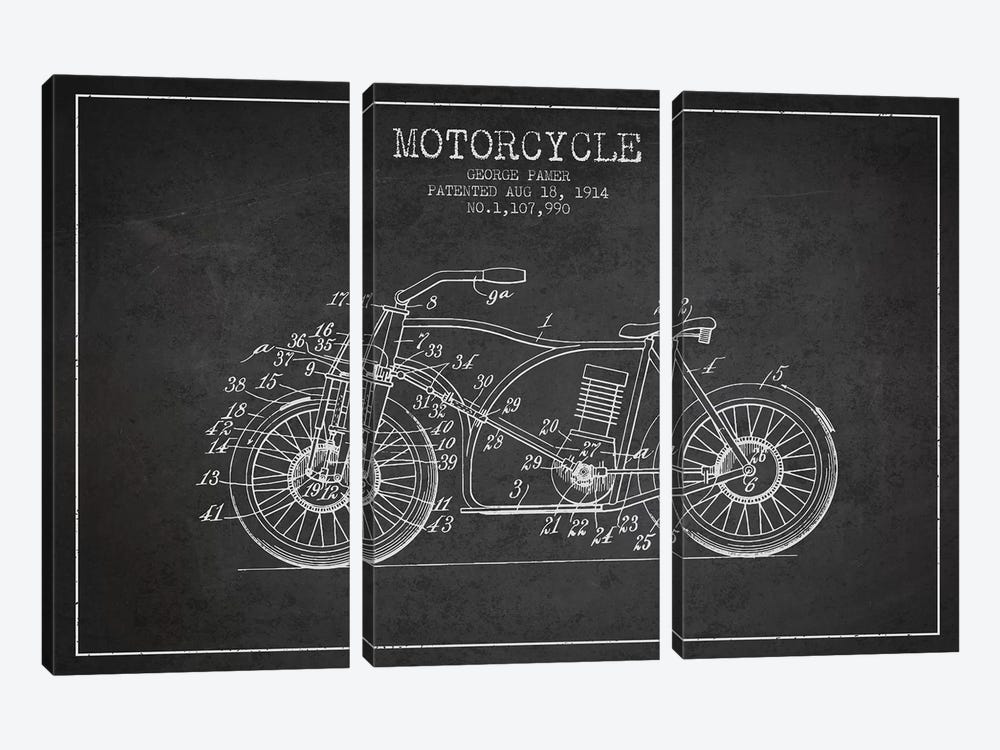 George Pamer Motorcycle Patent Sketch (Charcoal) by Aged Pixel 3-piece Canvas Wall Art