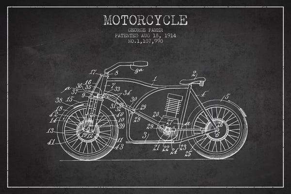 Motorcycle Blueprints: George Pamer Motorcycle Patent Sketch (Charcoal) by Aged Pixel