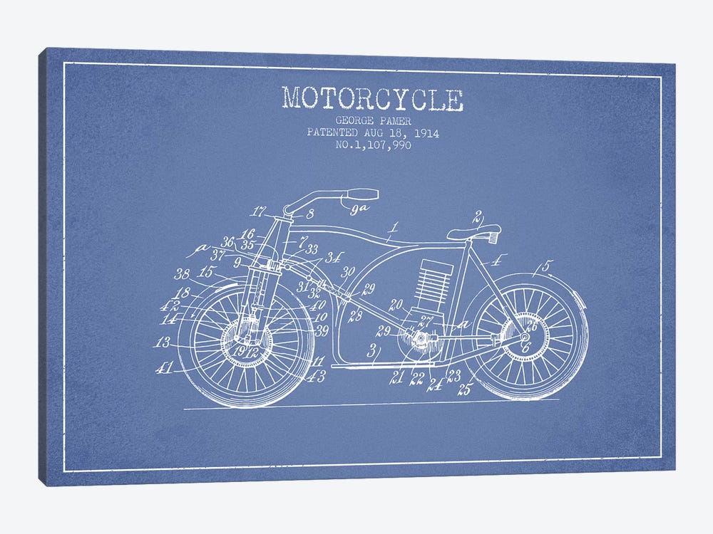 George Pamer Motorcycle Patent Sketch (Light Blue) by Aged Pixel 1-piece Canvas Print