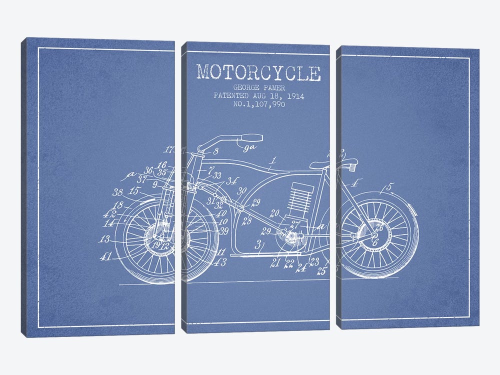 George Pamer Motorcycle Patent Sketch (Light Blue) by Aged Pixel 3-piece Art Print