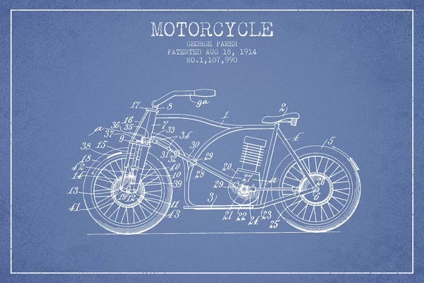 Motorcycle Blueprints: George Pamer Motorcycle Patent Sketch (Light Blue) by Aged Pixel