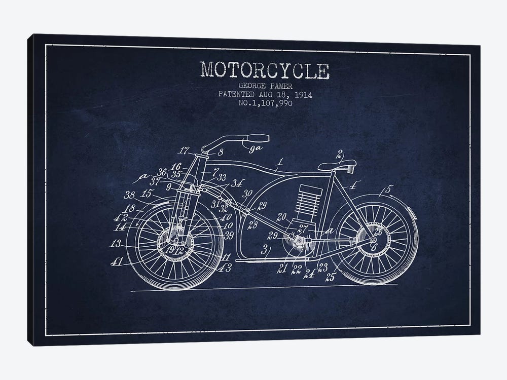 George Pamer Motorcycle Patent Sketch (Navy Blue) by Aged Pixel 1-piece Canvas Artwork
