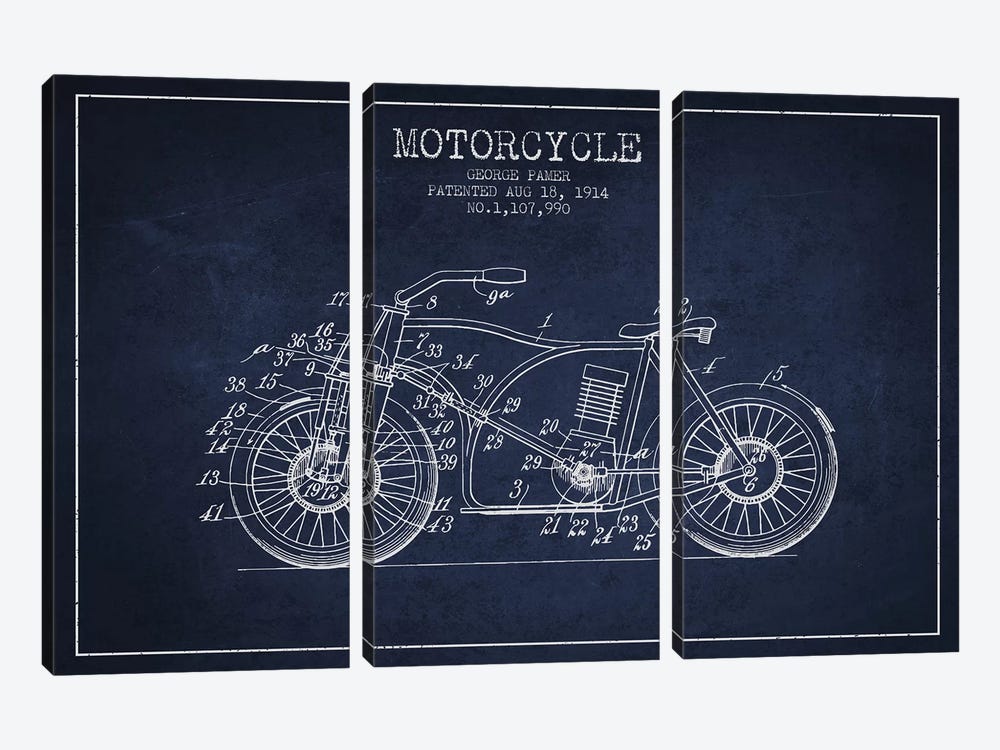 George Pamer Motorcycle Patent Sketch (Navy Blue) by Aged Pixel 3-piece Canvas Artwork