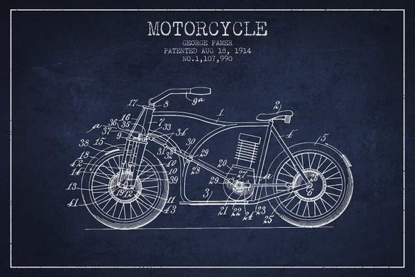 Motorcycles: George Pamer Motorcycle Patent Sketch (Navy Blue) by Aged Pixel