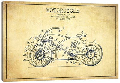 George Pamer Motorcycle Patent Sketch (Vintage) Canvas Art Print - Aged Pixel: Motorcycles