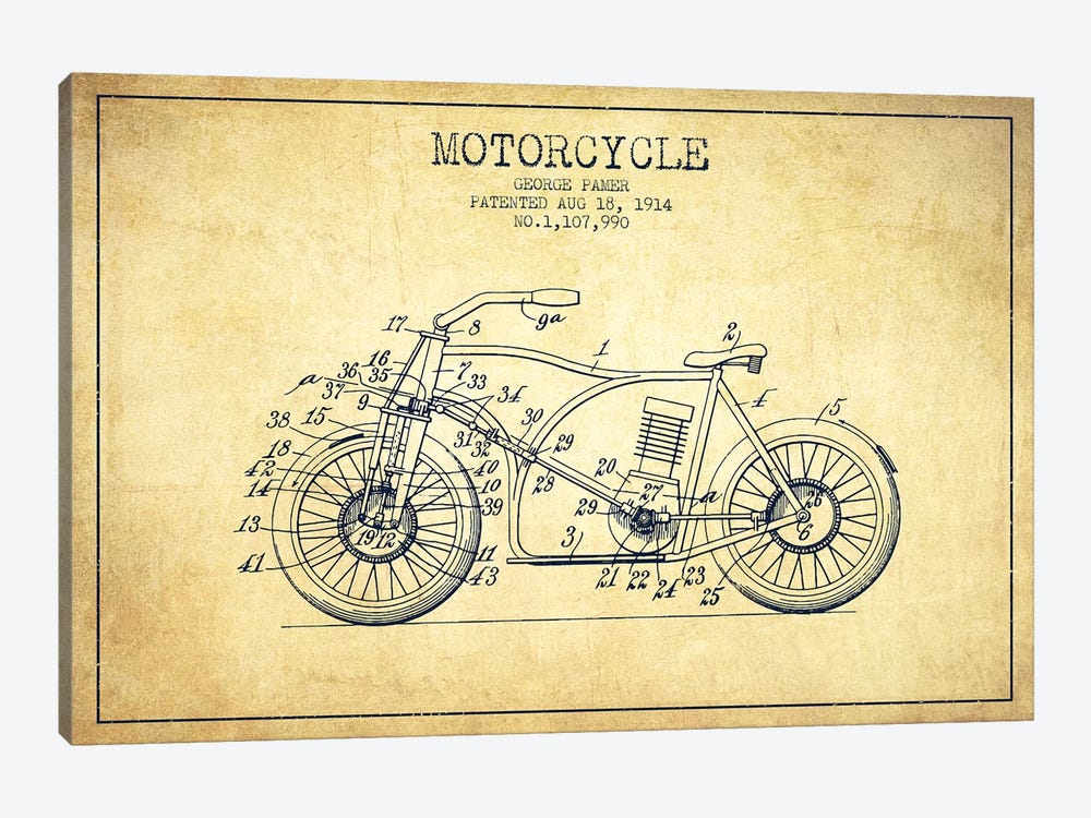 George Pamer Motorcycle Patent Sketch (Vintage) by Aged Pixel 1-piece Art Print