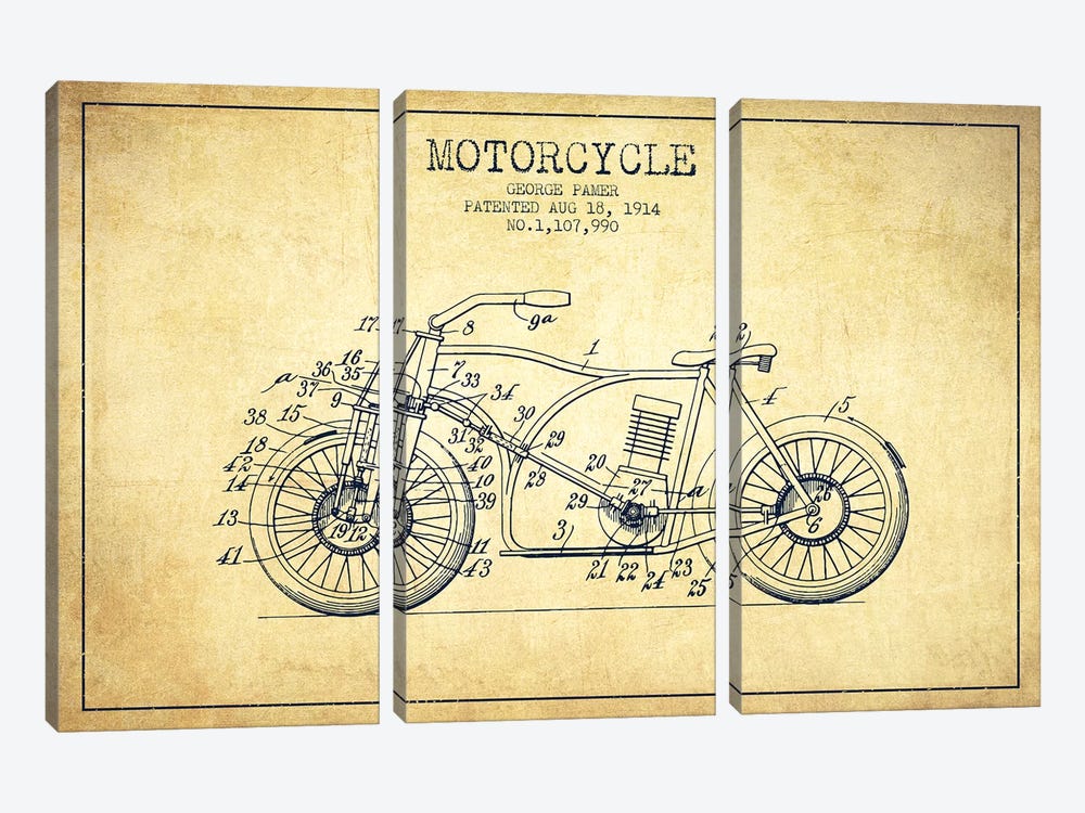 George Pamer Motorcycle Patent Sketch (Vintage) by Aged Pixel 3-piece Canvas Art Print