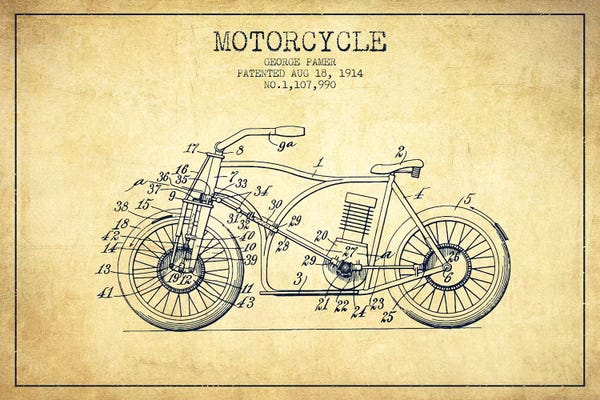 Motorcycle Blueprints: George Pamer Motorcycle Patent Sketch (Vintage) by Aged Pixel