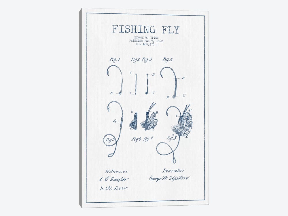 George W. Upton Fishing Fly Patent Sketch (Ink) by Aged Pixel 1-piece Canvas Wall Art