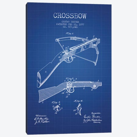 Gustav Bruder Crossbow Patent Sketch (Blue Grid) Canvas Print #ADP2937} by Aged Pixel Canvas Art Print