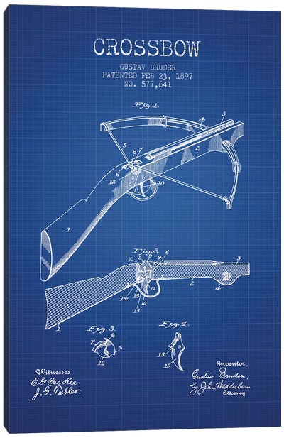 Gustav Bruder Crossbow Patent Sketch (Blue Grid) Canvas Art Print - Weapon Blueprints