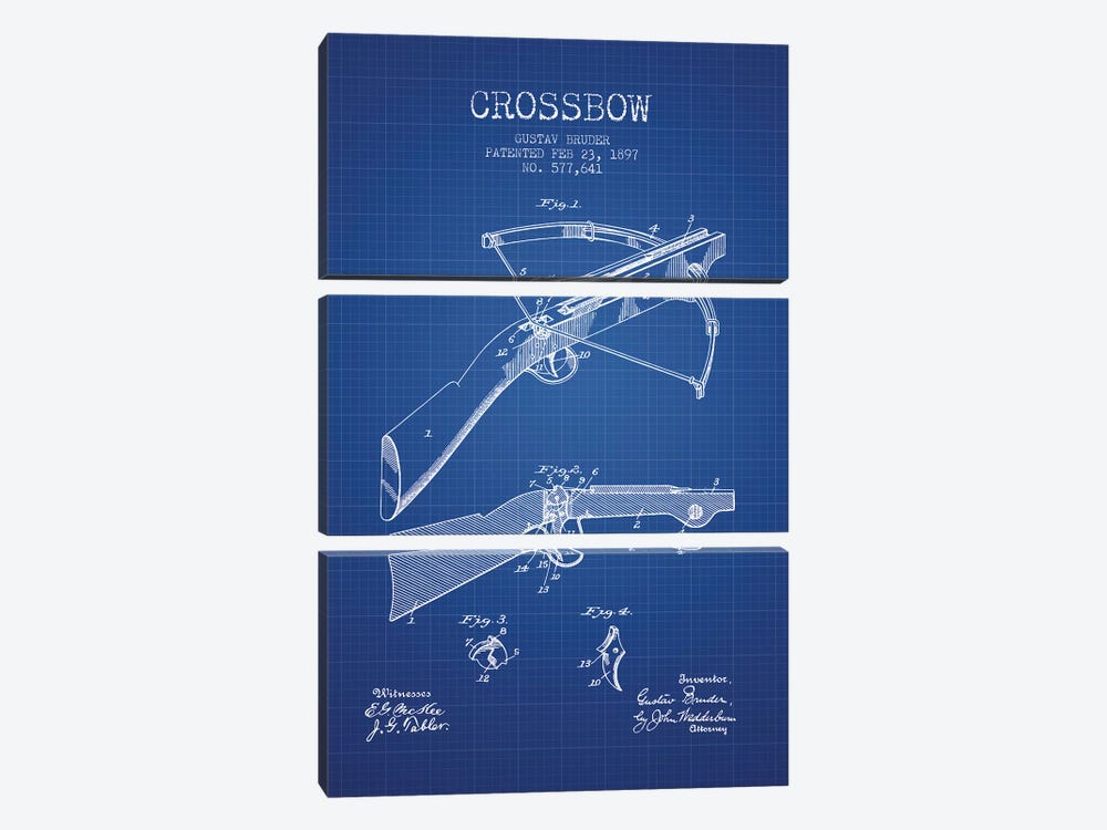Gustav Bruder Crossbow Patent Sketch (Blue Grid) by Aged Pixel 3-piece Canvas Wall Art