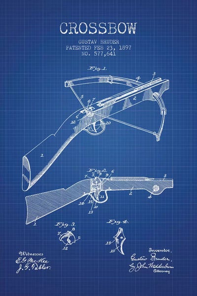 Weapon Blueprints: Gustav Bruder Crossbow Patent Sketch (Blue Grid) by Aged Pixel