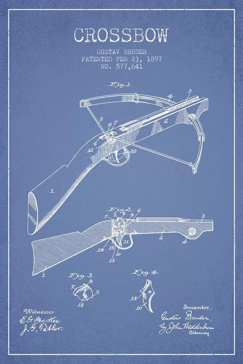 Gustav Bruder Crossbow Patent Sketch (Light Blue) by Aged Pixel wall art