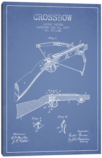 Gustav Bruder Crossbow Patent Sketch (Light Blue) Canvas Art Print - Aged Pixel: Weapons