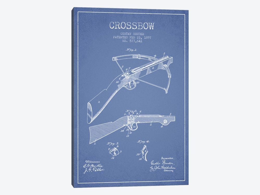 Gustav Bruder Crossbow Patent Sketch (Light Blue) by Aged Pixel 1-piece Canvas Print