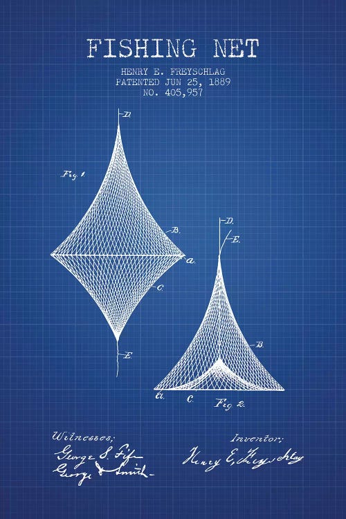 H.E. Freyschlag Fishing Net Patent Sketch (Blue Grid)