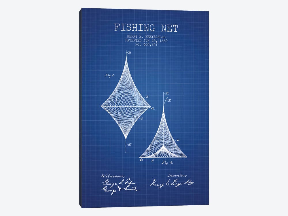 H.E. Freyschlag Fishing Net Patent Sketch (Blue Grid) by Aged Pixel 1-piece Canvas Artwork