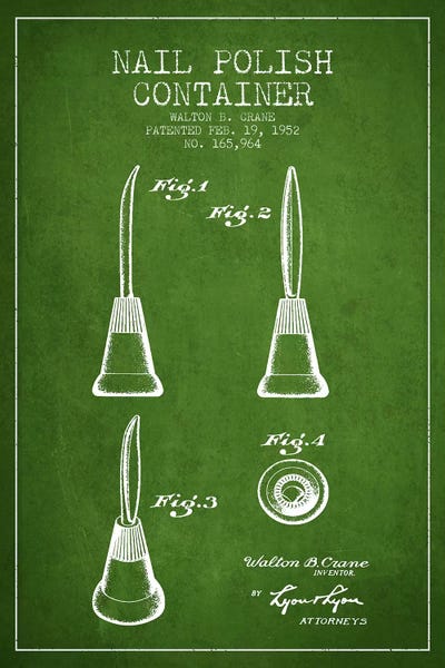 Container Nail Polish Green Patent Blueprint by Aged Pixel framed canvas print
