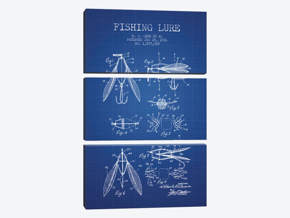 H.G. Gere, et al. Fishing Lure Patent Sketch (Blue Grid) by Aged Pixel 3-piece Canvas Art