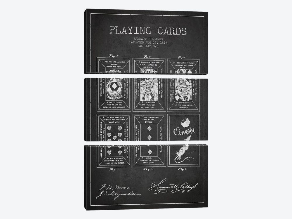 Hammatt Billings Playing Cards Patent Sketch (Charcoal) by Aged Pixel 3-piece Canvas Art Print