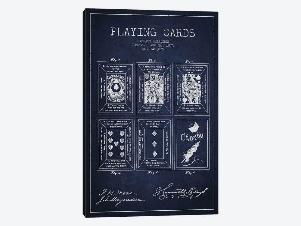 Hammatt Billings Playing Cards Patent Sketch (Navy Blue) by Aged Pixel 1-piece Canvas Artwork