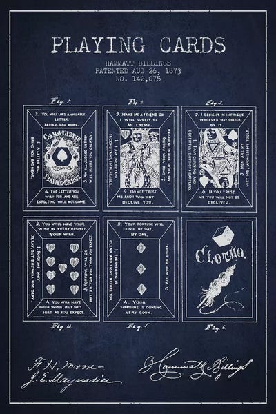 Toy & Game Blueprints: Hammatt Billings Playing Cards Patent Sketch (Navy Blue) by Aged Pixel