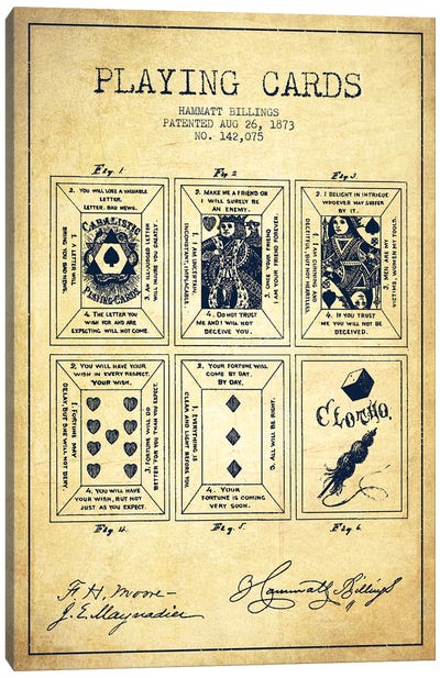 Hammatt Billings Playing Cards Patent Sketch (Vintage) Canvas Art Print - Gambling Art