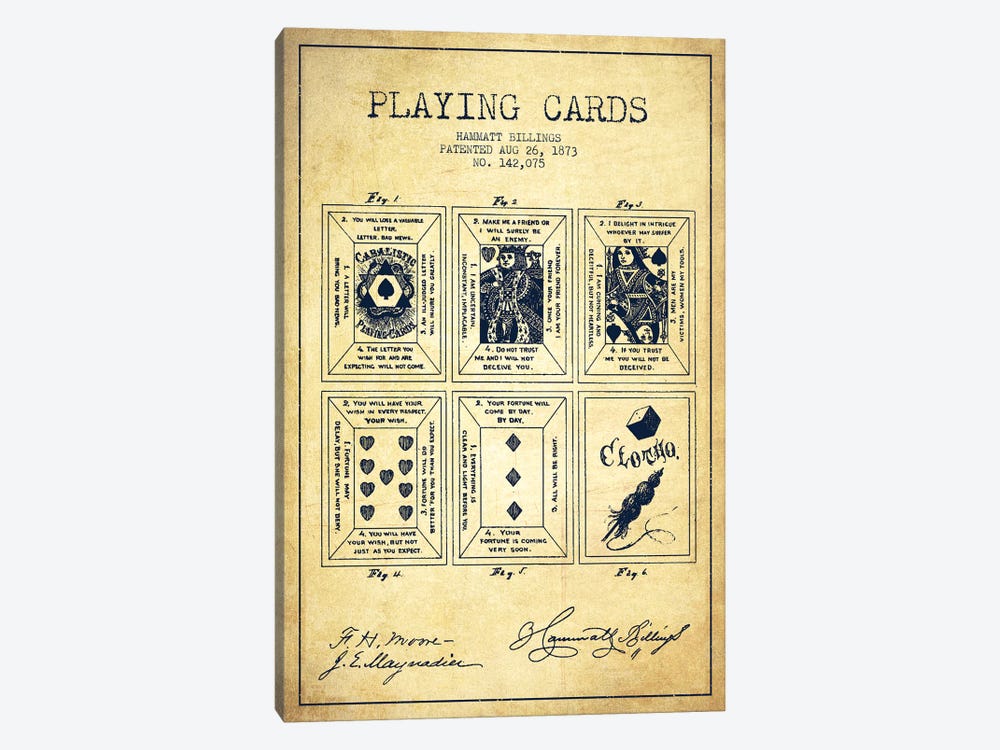 Hammatt Billings Playing Cards Patent Sketch (Vintage) by Aged Pixel 1-piece Canvas Print