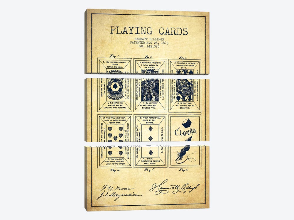 Hammatt Billings Playing Cards Patent Sketch (Vintage) by Aged Pixel 3-piece Canvas Art Print