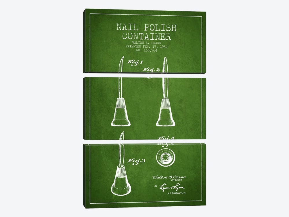 Container Nail Polish Green Patent Blueprint by Aged Pixel 3-piece Canvas Art Print