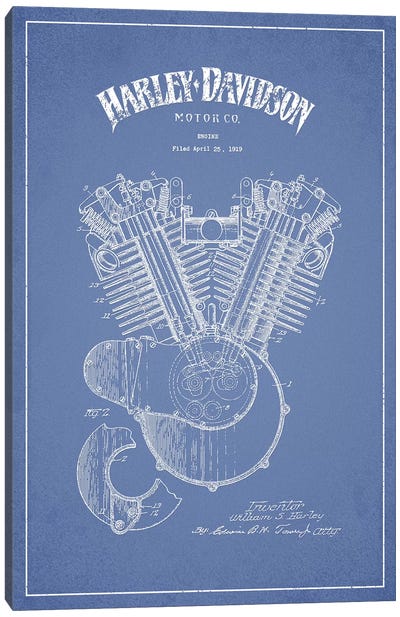 Harley-Davidson Motorcycles Engine (Light Blue) Canvas Art Print - Motorcycle Blueprints