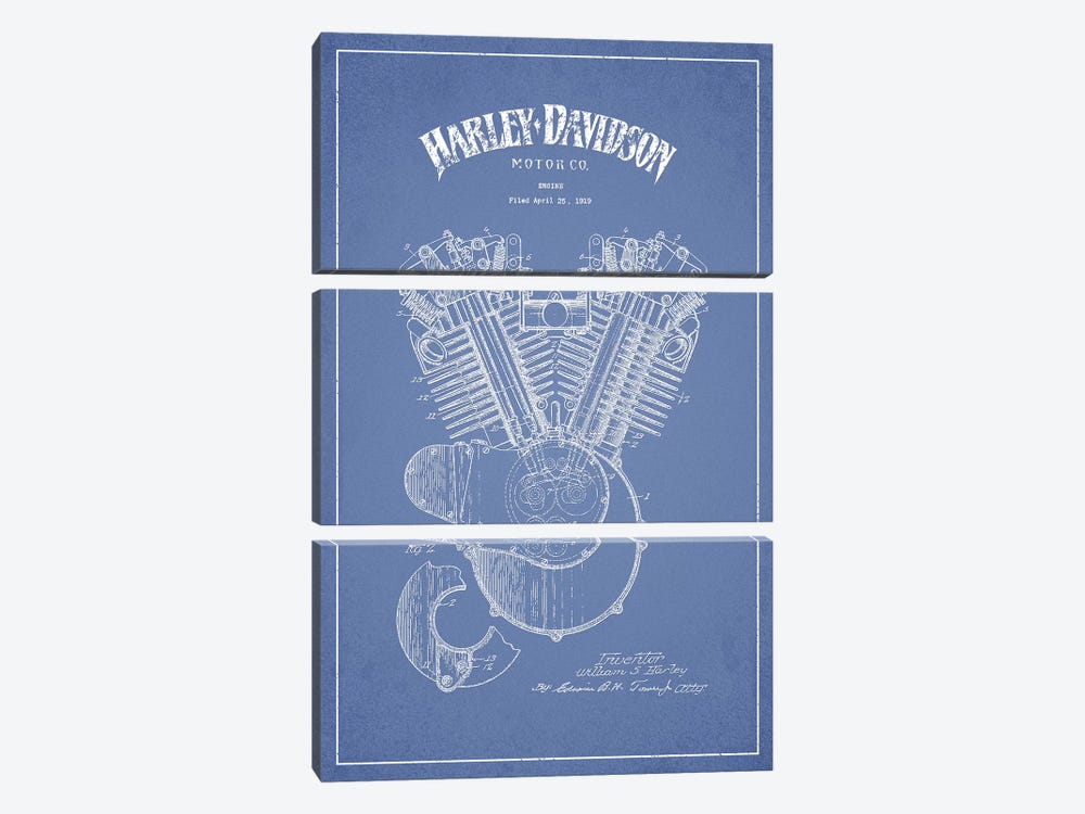 Harley-Davidson Motorcycles Engine (Light Blue) by Aged Pixel 3-piece Canvas Artwork