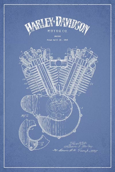 Motorcycle Blueprints: Harley-Davidson Motorcycles Engine (Light Blue) by Aged Pixel