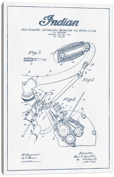 Indian Motorcycle Grip-Operated Controlling Mechanism For Motorcycles Patent Sketch (Ink) Canvas Art Print - Motorcycle Blueprints