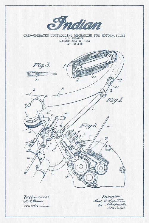 Indian Motorcycle Grip-Operated Controlling Mechanism For Motorcycles Patent Sketch (Ink) by Aged Pixel wall art