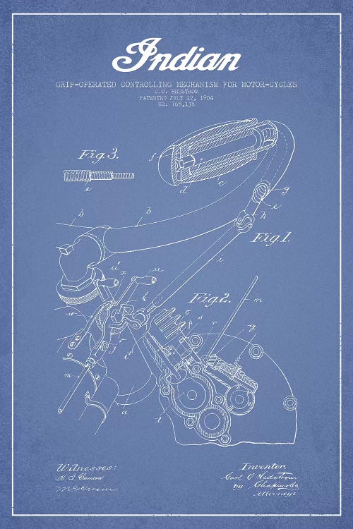 Indian Motorcycle Grip-Operated Controlling Mechanism For Motorcycles Patent Sketch (Light Blue) by Aged Pixel wall art