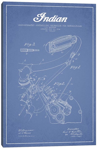 Indian Motorcycle Grip-Operated Controlling Mechanism For Motorcycles Patent Sketch (Light Blue) Canvas Art Print - Aged Pixel: Motorcycles