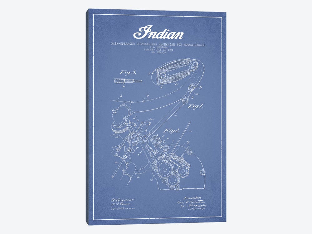 Indian Motorcycle Grip-Operated Controlling Mechanism For Motorcycles Patent Sketch (Light Blue) by Aged Pixel 1-piece Canvas Wall Art