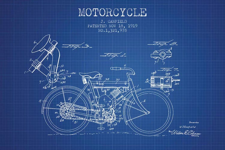 J. Canfield Motorcycle Patent Sketch (Blue Grid) by Aged Pixel wall art