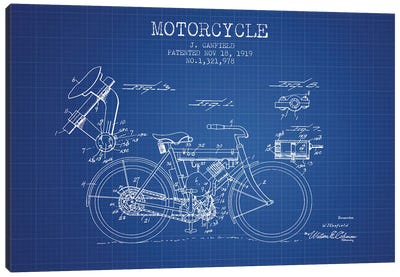 J. Canfield Motorcycle Patent Sketch (Blue Grid) Canvas Art Print - Aged Pixel: Motorcycles