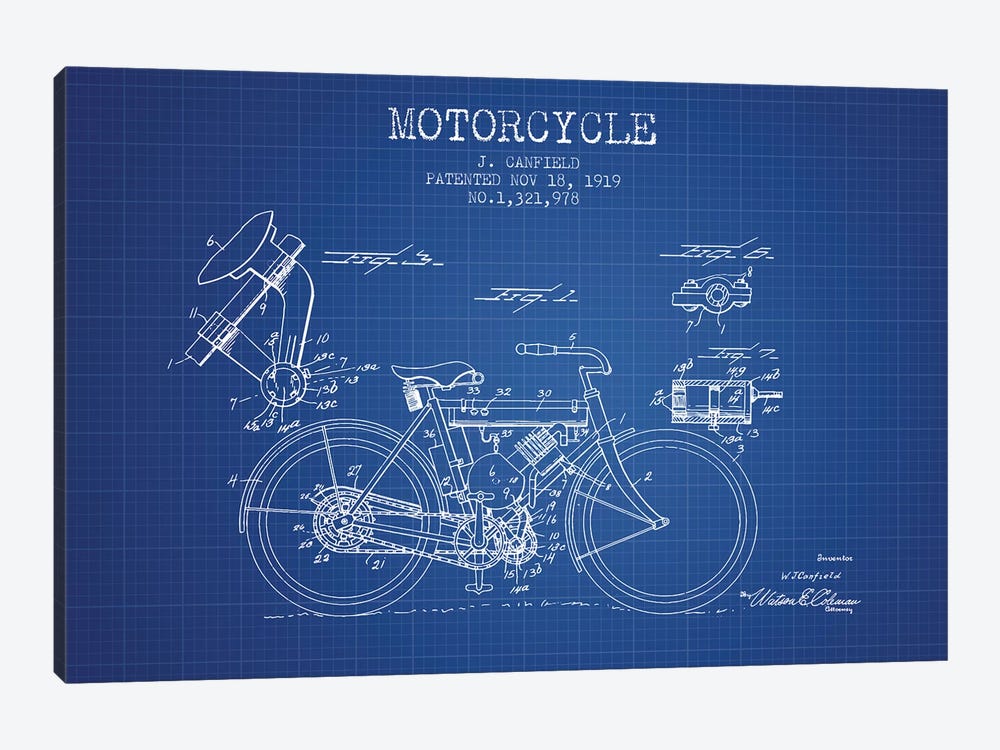 J. Canfield Motorcycle Patent Sketch (Blue Grid) by Aged Pixel 1-piece Canvas Art Print