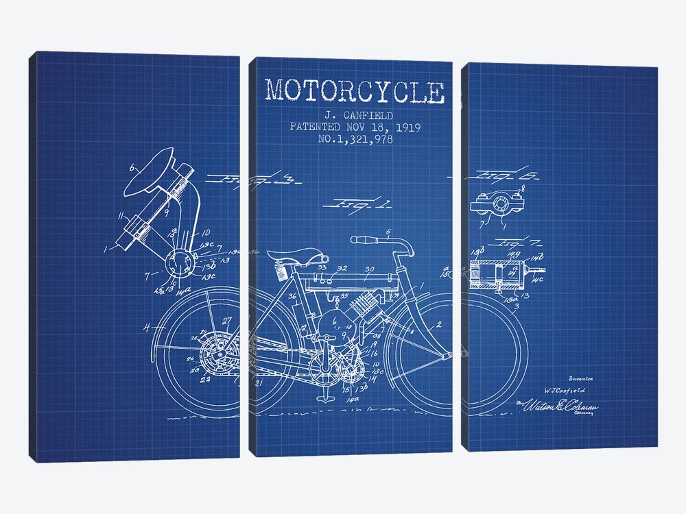 J. Canfield Motorcycle Patent Sketch (Blue Grid) by Aged Pixel 3-piece Canvas Art Print
