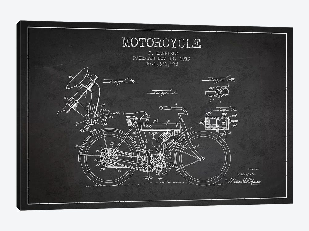 J. Canfield Motorcycle Patent Sketch (Charcoal) by Aged Pixel 1-piece Canvas Wall Art