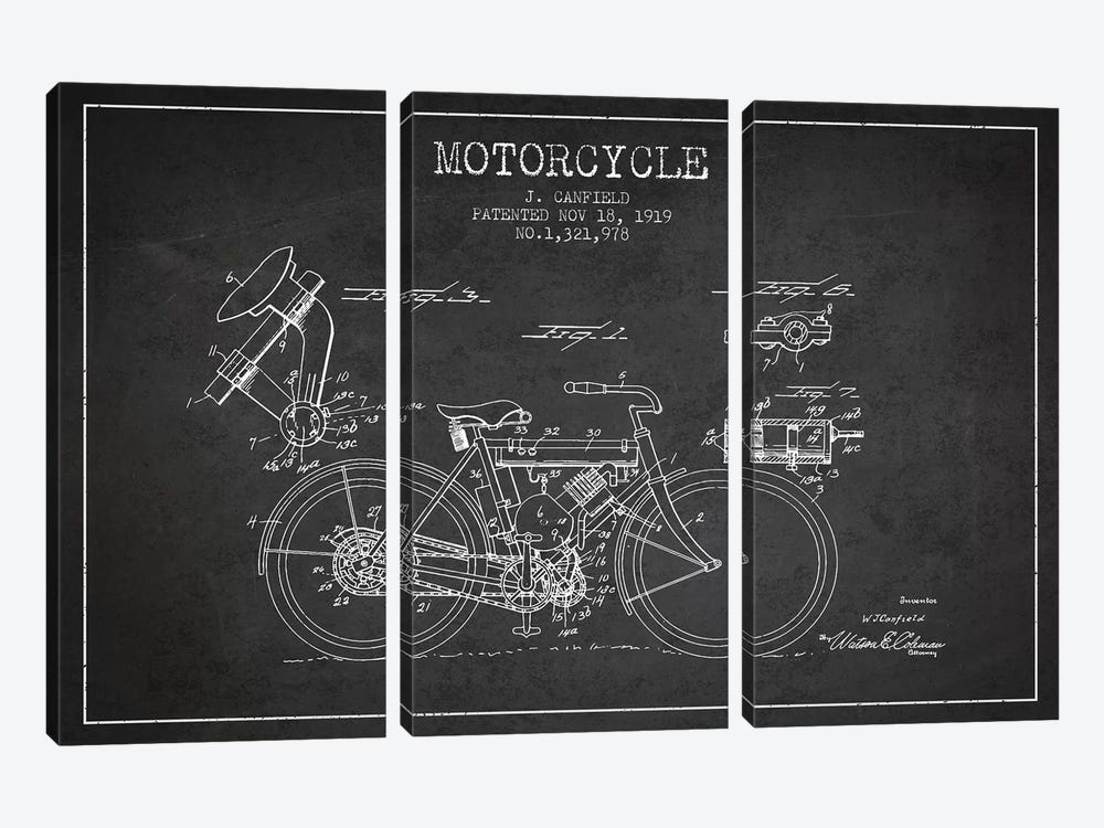 J. Canfield Motorcycle Patent Sketch (Charcoal) by Aged Pixel 3-piece Canvas Wall Art
