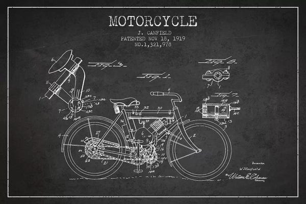Motorcycle Blueprints: J. Canfield Motorcycle Patent Sketch (Charcoal) by Aged Pixel