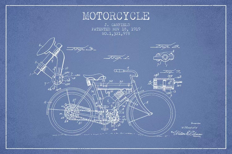 J. Canfield Motorcycle Patent Sketch (Light Blue) by Aged Pixel wall art